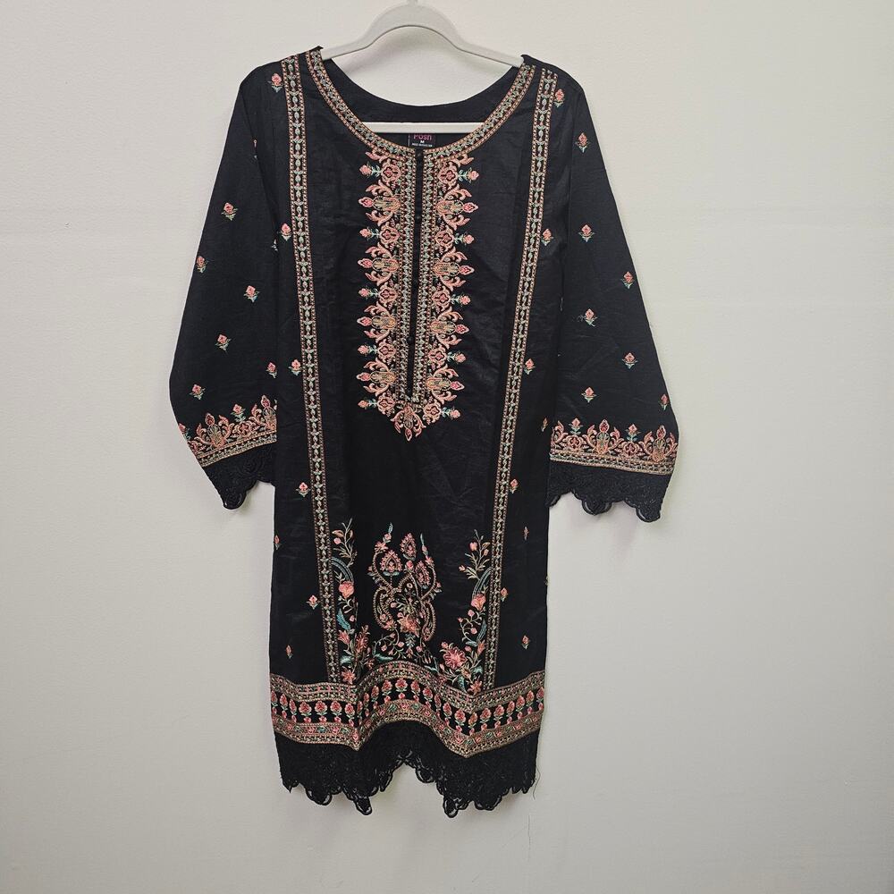 Posh Pakistani Kurta Set Embroidered Kaftan Dupatta Size M Black Floral Eid - Picture 3 of 9